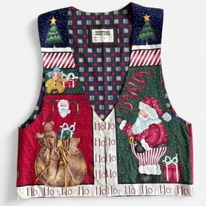 Vintage Handmade Open Front Christmas Vest with Santa Claus Design